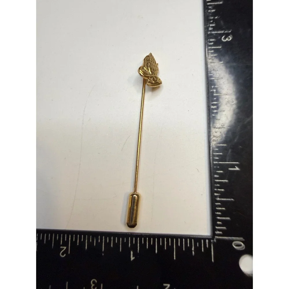 Vintage Praying Hands Stick Pin Gold Tone Religious Lapel Hat Pin 2.5 Inch